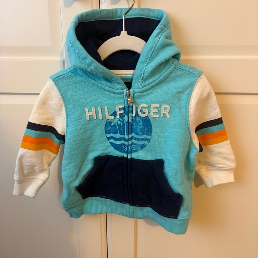 Tommy Hilfiger Teal Hooded Zip Sweatshirt with Navy Pocket & Striped Sleeves